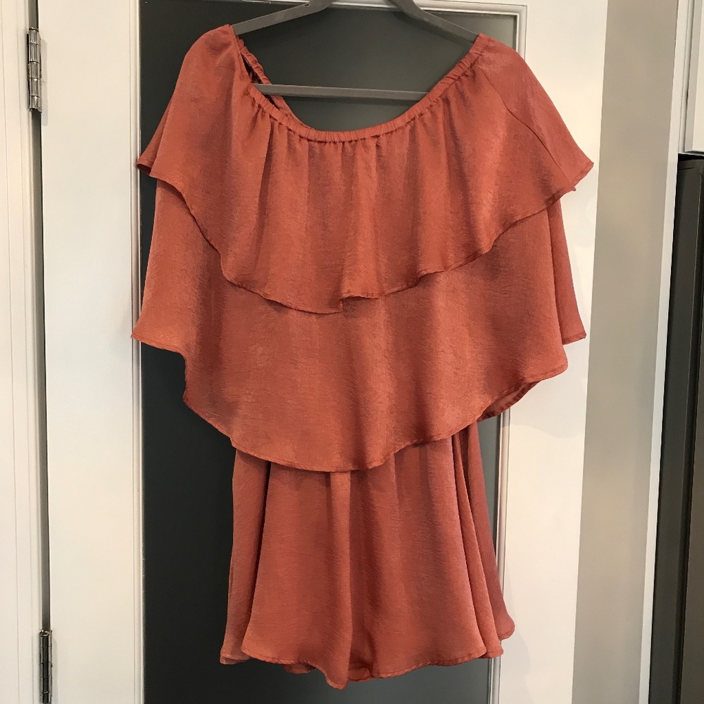 Show Me Your Mumu Blush Satin Off the Shoulder Mini Romper